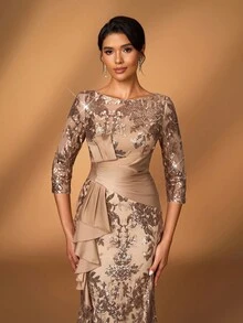 Serin Elegant Luxurious Embroidered Lace Sequin Satin Ruffle Sheer Long Sleeve Mermaid Slit Dress, Suitable For Wedding, Party, Vacation, Prom, Evening Gown, Mother Of The Bride, Valentine's Day - Champagne - View 3