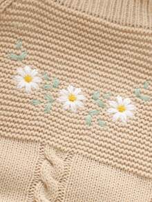 SHEIN 1 件粉色荷叶边吊带连体裤，精致刺绣连体裤，女婴针织，时尚甜美装 - 杏色 - 查看 4