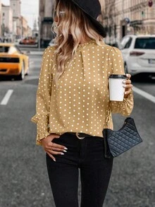 EMERY ROSE Áo voan chấm bi tay dài cho nữ - Màu Khaki - Xem 4