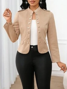 SHEIN Lady 女式立领金色双排扣收腰短款轻便西装外套（秋冬款） - 杏色 - 查看 8