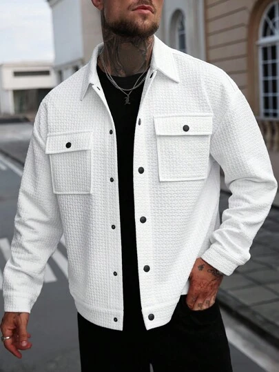Manfinity CasualCool 2025 New Men's Jacket,Men's Casual Solid Color Jacket, Versatile For Spring And Autumn White Mens Button Up,Men's Casual Workwear Pocket Pure White Textured Shirt Jacket,Casual And Simple Style, Urban Mature Style, British Gentleman Style, Italian Elegant Style,, Men Shacket, White Shacket Men, White Jacket