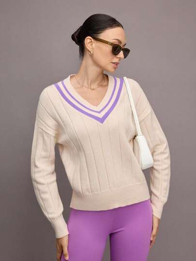 Activina Suéteres de golf para mujer, suéter de manga larga con cuello en V, suéteres de tenis morados para mujer