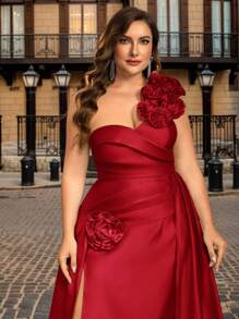 Glamrae Váy dạ hội trang trọng hở vai cổ tim thanh lịch & lãng mạn cỡ lớn 3D trang trí hoa xẻ cao viền đuôi cá - Đỏ - Xem 2