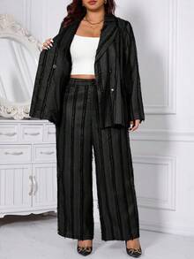 SHEIN Clasi بدلة رياضية مكونة من بليزر مزدوج الصدر مخطط وبنطال فضفاض واسع الساق مقاس كبير - الأسود - مشاهدة 12