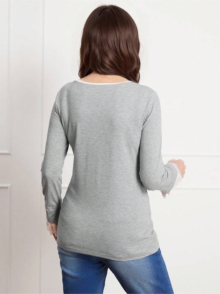 Spring Solid V Neck Drop Shoulder Waffle Knit Tee