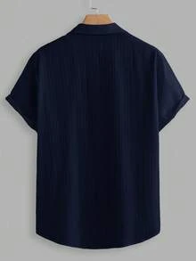 Manfinity RelaxMax 男士夏季纯色短袖单排扣衬衫短裤休闲西装 - 藏蓝色 - 查看 5