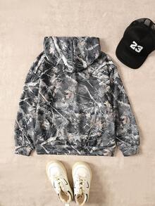 SHEIN بلوزة رياضية كاجوال فضفاضة للمراهقات بطبعة كاموفلاج أشجار وأغصان وطباعة شارع مع كابوشون