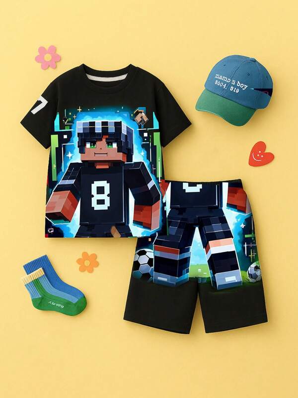 SHEIN Young Boy Casual And Comfortable Fashion Round Neck Creative Printed Summer Casual T-Shirt Sets Young Boys 2 Pieces Young Boys Suit Set Young Boys Matching Sets
