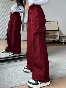 SHEIN EZwear 女士休闲纯色高腰阔腿裤 - 酒紅色 - 查看 3