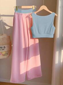 Comfortcana Bộ 2 món/Bộ đồ nữ áo hai dây in chữ & quần màu tương phản, màu vàng kem, trang phục nghỉ hè - Nhiều màu - Xem 3