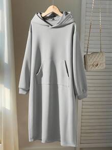 Tween Girls Extra Long Hooded Basic Pocket Sweatshirt, Minimalist & Fashionable Fall Winter - Grey - View 7