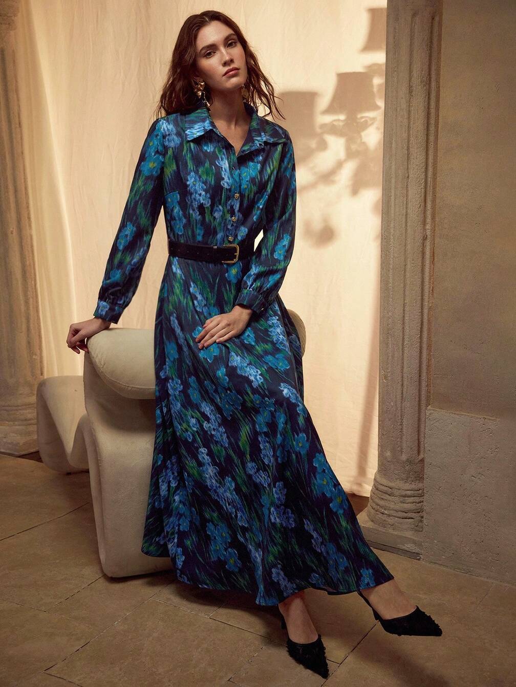 floral belted shirt dress Blue Floral Linen Blend Belted Shirt Dress  Moda Boutique
