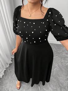 Elenzga Plus Size Beaded Puff Sleeve Off Shoulder A-Line Waist Solid Color Elegant Slim Midi Dress