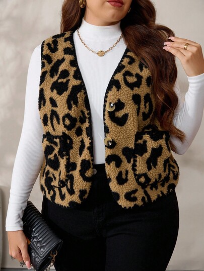 EMERY ROSE Chaqueta/Cardigan sin mangas con estampado de leopardo, versátil y de moda para tallas grandes