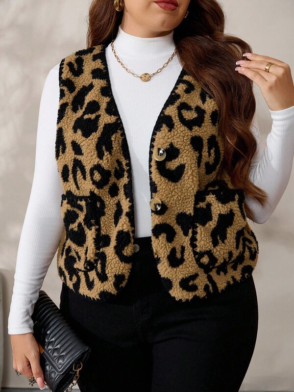 EMERY ROSE Chaqueta/Cardigan sin mangas con estampado de leopardo, versátil y de moda para tallas grandes