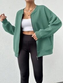 EURMUSE Solid Color Drop Shoulder Zip Up Long Sleeve Sweatshirt - Mint Green - View 3