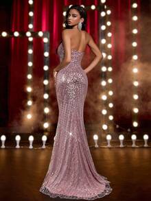 Glamrae Luxurious Beaded Bodice With Ruched Bust, Waist Handcrafted Embellishment, Adjustable Lace-Up Back, Mermaid Silhouette Formal Evening Gown (Heavy Embellished) - Dusty Pink - View 2