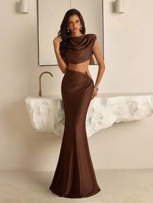 Vowa 2 件优雅棕色弹性针织宽肩垫深 V 领美人鱼长裙，带有性感激光切割金属珠饰，适合约会、度假、音乐会、毕业典礼、婚礼、下午茶、正式场合 - 棕色 - 查看 5