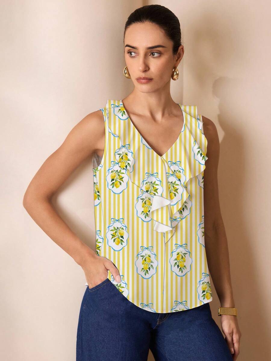 Shutterstock Glamance Women's Elegant Ruffled Sleeveless Loose Blouse, Spring/Summer Lemon Print Top Yellow Striped Top Ruffle Top Flowy Top - Yellow - View 1