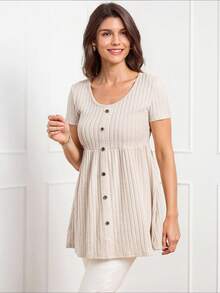 Miaspire 女士纯色前扣短袖休闲 T 恤，日常穿着