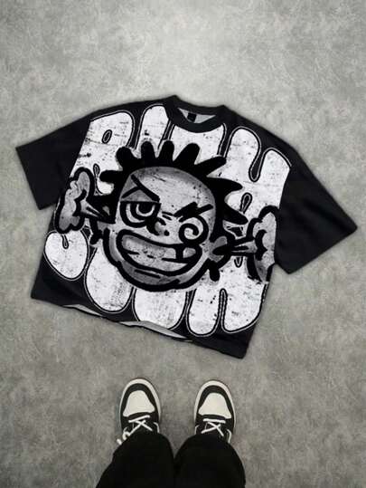 SHEIN 街头涂鸦艺术家肖像，涂鸦人物，街头风格，我是富人，朋克，嘻哈，酷，家伙，说唱歌手。青少年男孩休闲简约短袖圆领 T 恤，适合夏季