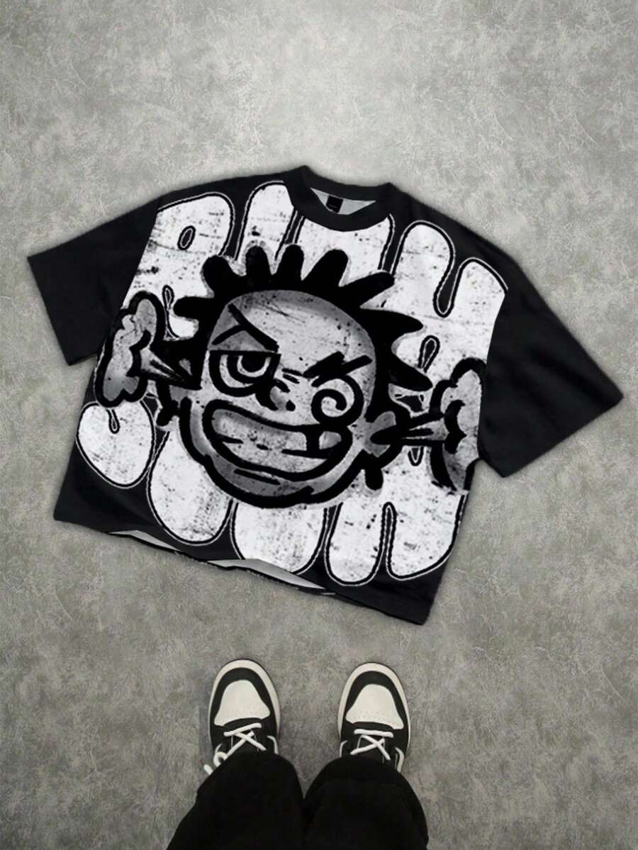 SHEIN 街头涂鸦艺术家肖像,涂鸦人物,街头风格,我是富人,朋克,嘻哈,酷,家伙,说唱歌手。青少年男孩休闲简约短袖圆领 T 恤,适合夏季 - 彩色 - 查看 1