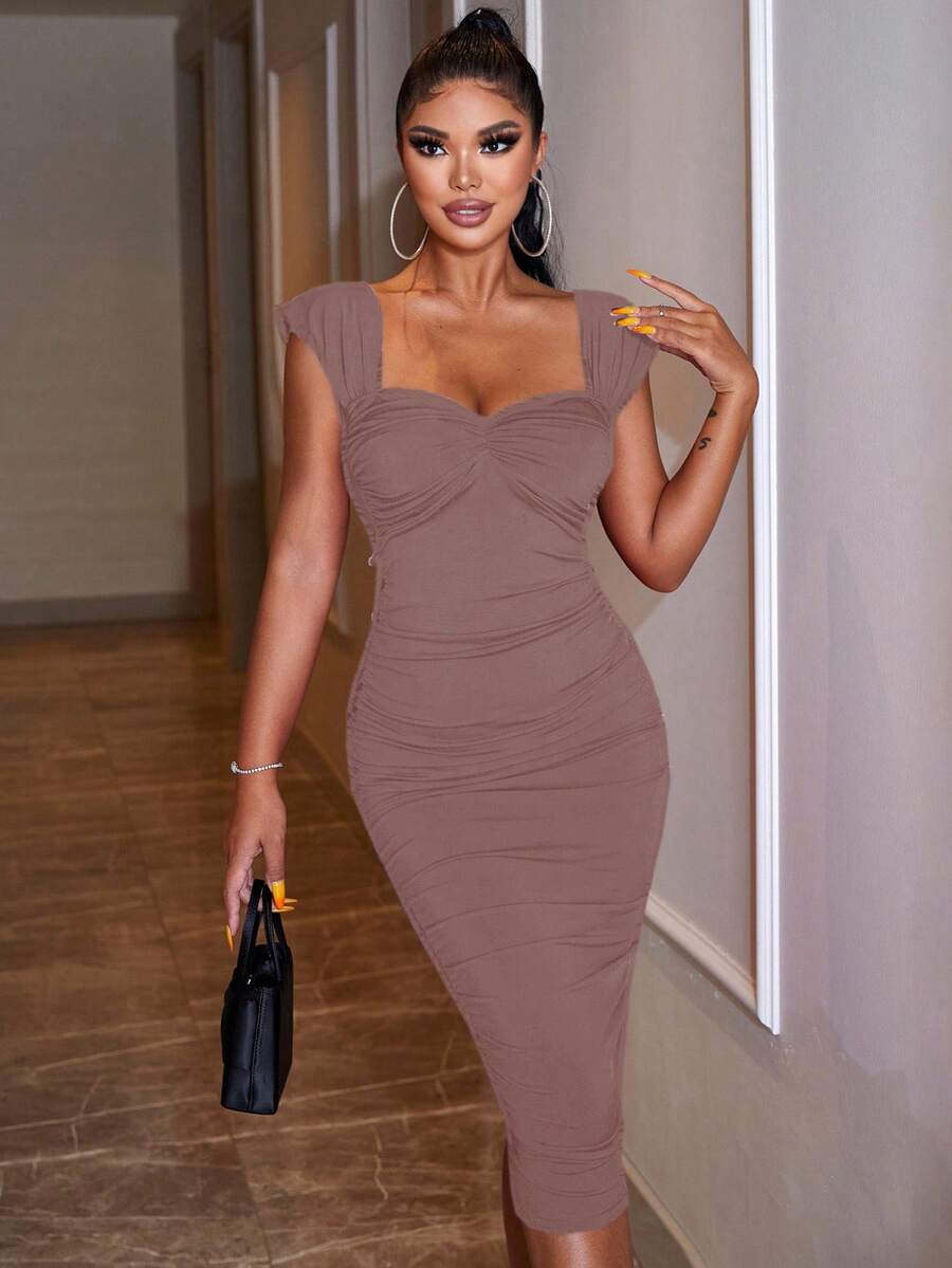 EURMUSE Women's Solid Color Sweetheart Neck Ruffle Sleeve Fitted Elegant Dress - Rusty Rose - View 1