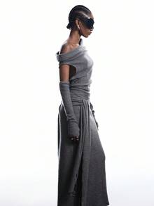 LYSMO 女士优雅纯色不对称领口连衣裙 - 摩卡棕 - 查看 6