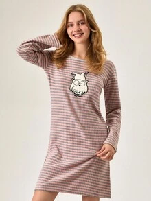 EURMUSE Damen Große Größen Baumwolle Rippstrick Kontrast Bindung mit süßer Tier Stickerei Detail Langarm Schlaf Pyjama Kleid