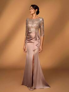 Serin Elegant Luxurious Champagne Embroidered Sequin Lace Satin Sheer Long Sleeve Mermaid Slit Dress, Suitable For Wedding, Party, Vacation, Prom, Evening Gown, Mother Of The Bride, Valentine's Day - Champagne - View 5