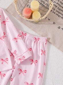SHEIN Bộ đồ ngủ tay dài họa tiết nơ hồng dễ thương cho bé gái - Hồng - Xem 6