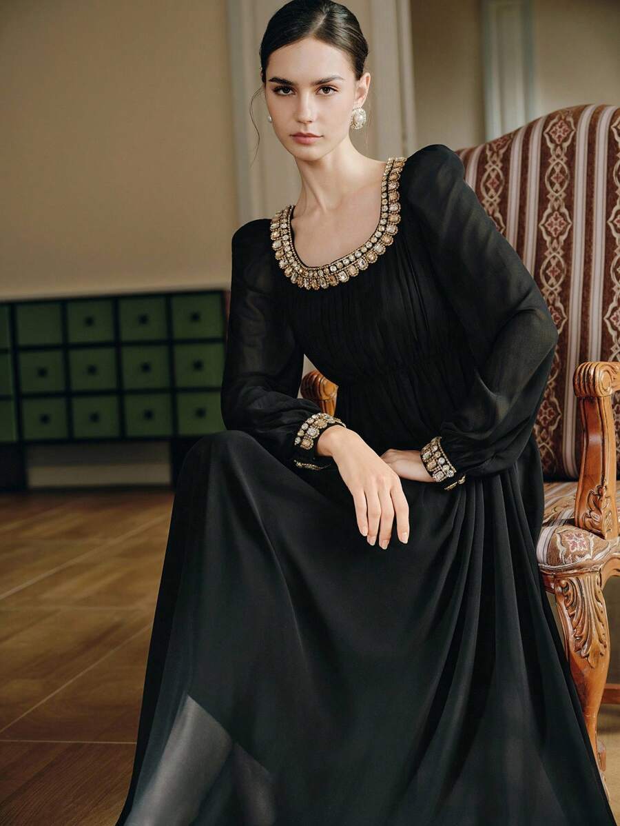 Anewsta Damen elegantes Kleid mit Strass-Verzierung, fließender Schnitt, Herbst