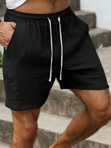Genlund Men's Solid Color Simple Casual Patchwork Shorts, Holiday - Black - View 4