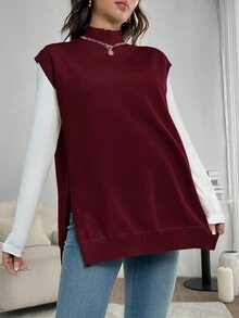 SHEIN Maternity Casual Commuter Solid Color Stand Collar Side Slit Knit Vest
