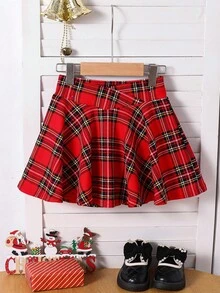 SHEIN Young Girls' Red Plaid A-Line Skirt, Fitted Casual Minimalist Comfortable Criss-Cross Waist Design Pleated Skirt, Suitable For School, Casual, Party, Christmas, New Year, Autumn/Winter Girls Women's Festive Red Plaid A-Line Mini Skirt For Christmas Celebrations Holiday Red Tartan Mini Skirt For Women With Flared A-Line Design Classic Red Plaid Women's Skirt Perfect For Winter Festive Outfits Girls Christmas Plaid Skirt Girls Red Plaid Skirt Red Plaid Skirt Plaid Skirt Plaid Skirt For Girls Fall - Burgundy - View 2