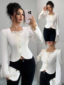 Elenzga Nouvelle blouse élégante à manches longues avec col carré et volants, couleur unie, automne