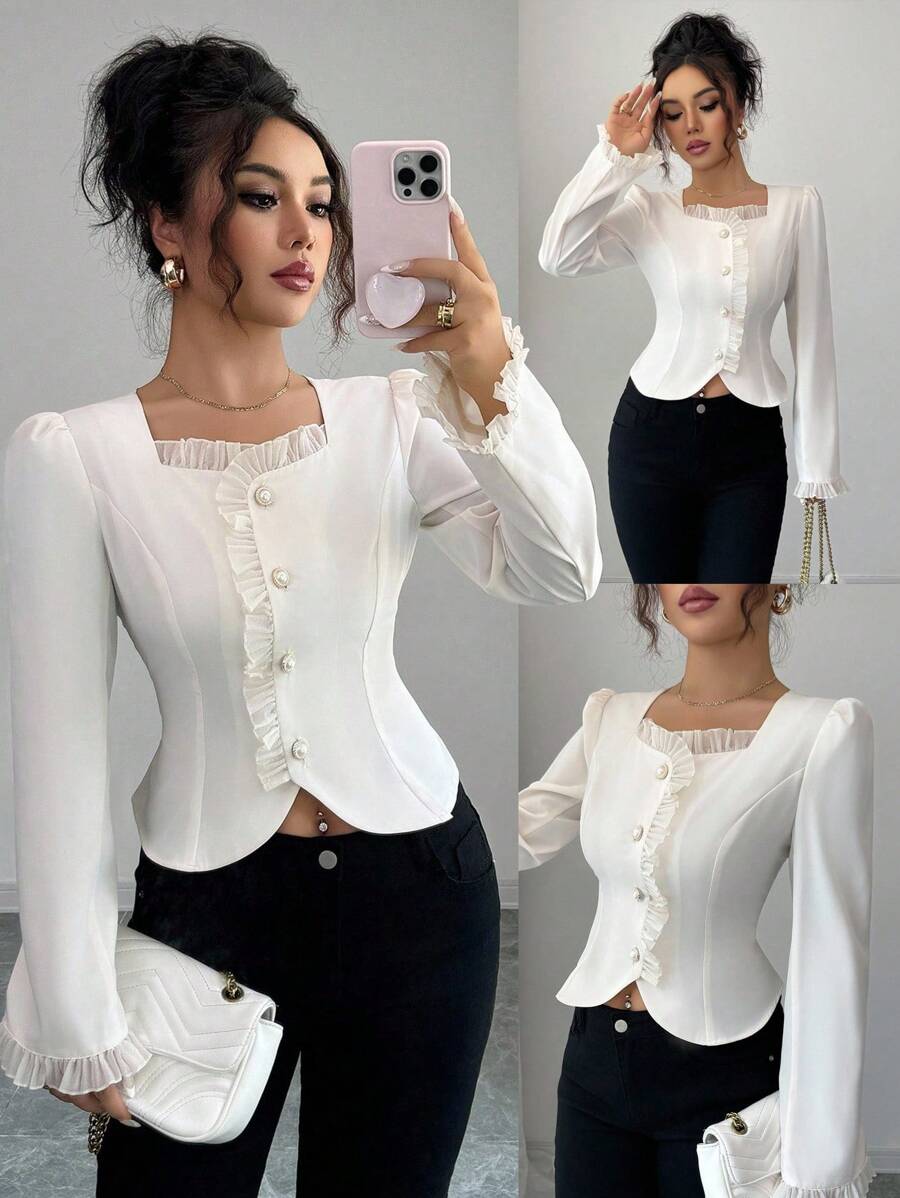 Elenzga Nouvelle blouse élégante à manches longues avec col carré et volants, couleur unie, automne