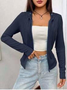 SHEIN EZwear Women's Hooded Zippered Sweatshirt In Fall/Winter - Navy Blue - View 6