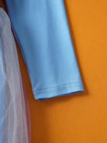 THE POWERPUFF GIRLS X SHEIN 可爱蓝色小女孩泡泡人物印花3D耳朵连帽连衣裙COS服装，适合秋冬季、万圣节、生日派对 - 藍色 - 查看 5