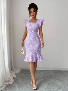 Elenzga Váy đi làm Jacquard thanh lịch, mùa hè - Màu tím - Xem 5