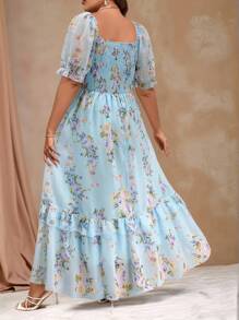 Roveilla Plus Size Romantic Chiffon Printed Puff Sleeve Dress Maxi Women Outfit - Blue - View 2