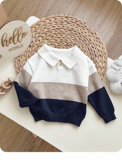 SHEIN Baby Boy/Girl Colorblock Soft Knit Turndown Collar Long Sleeve Half-Placket Sweater Fall Winter