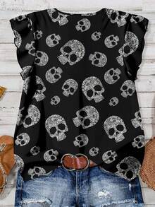 EMERY ROSE 大码女装日常休闲度假粉色V领小飞袖节日风万圣节骷髅图案宽松衬衫女士夏装女士度假服装女士夏装女士外出上衣可爱夏季上衣女士夏装 - 黑與白 - 查看 2