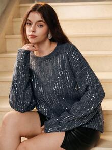 Anewsta Fashionable Design Heavily Embellished Sequin Embroidery Loose Crew Neck Plus Size Women Sweater, Suitable For Autumn, Fall, Winter, Going Out, Elegant, Formal, Party, Chic, New Year, Christmas, Work, Graduation, Wedding - Grey - View 1