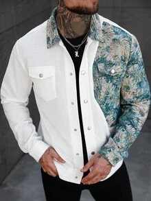 Manfinity CasualCool 男士花卉印花前扣口袋休闲长袖夹克，秋季 - 彩色 - 查看 6