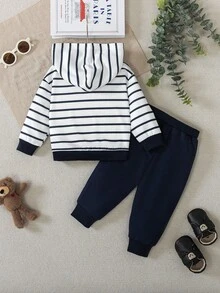 2pcs Toddler Boys Panda Striped Outfit, Hoodie Design, Black & White Striped Top With Cute Panda Applique, Navy Casual Pants, Suitable For Daily Wear, Outings, Vacations, Family Gatherings, Baby Boy Clothing, Infant Autumn/Winter Outfit, Baby Boy Set, Infant Autumn/Winter Boy Clothes, Baby Boy Panda Outfit Baby Boy Striped Hoodie Set Baby Boy Casual Set Infant Boys Outfit Baby Boy Clothes Fall - Multicolor - View 2