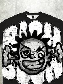 SHEIN 街头涂鸦艺术家肖像，涂鸦人物，街头风格，我是富人，朋克，嘻哈，酷，家伙，说唱歌手。青少年男孩休闲简约短袖圆领 T 恤，适合夏季 - 彩色 - 查看 4