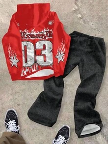 SHEIN 3 件套青少年男孩休闲宽松连帽衫和裤子两件套，秋冬 - 彩色 - 查看 2