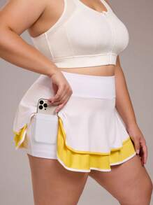 Rhythm Era 女式撞色口袋 A 字褶皱波浪休闲运动日常网球加大码短裙，春夏 - 白色 - 查看 5