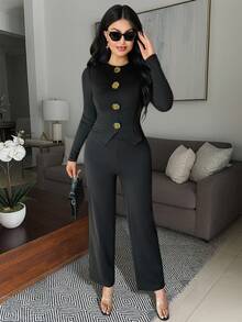 Vavine 1套女士优雅金属纽扣装饰长袖薄款衬衫 - 黑色 - 查看 4